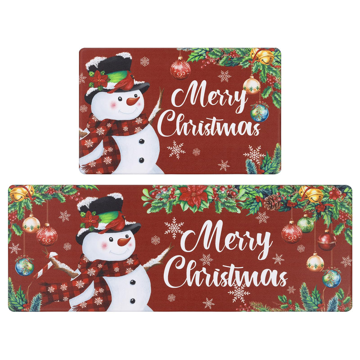 Red Christmas Snowman Kitchen Rugs and Mats Set of 2