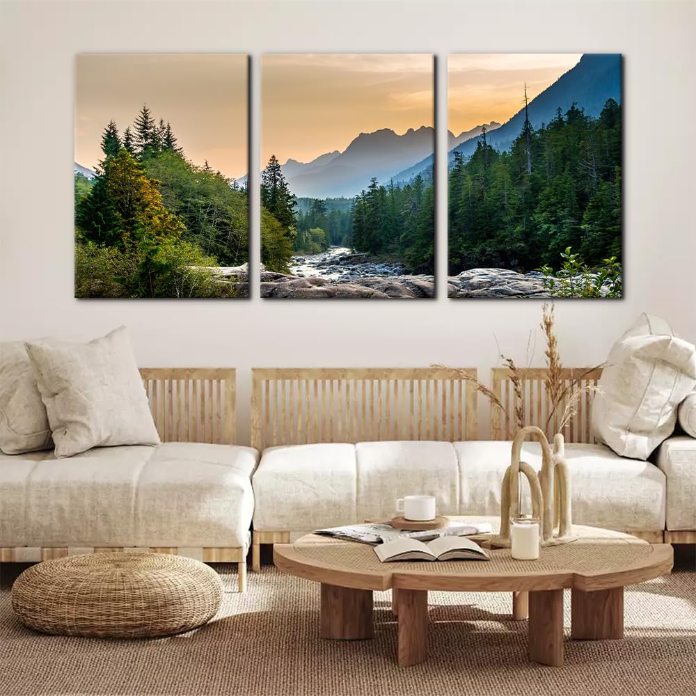 3 Panels Sunset on Mountain Lake Painting