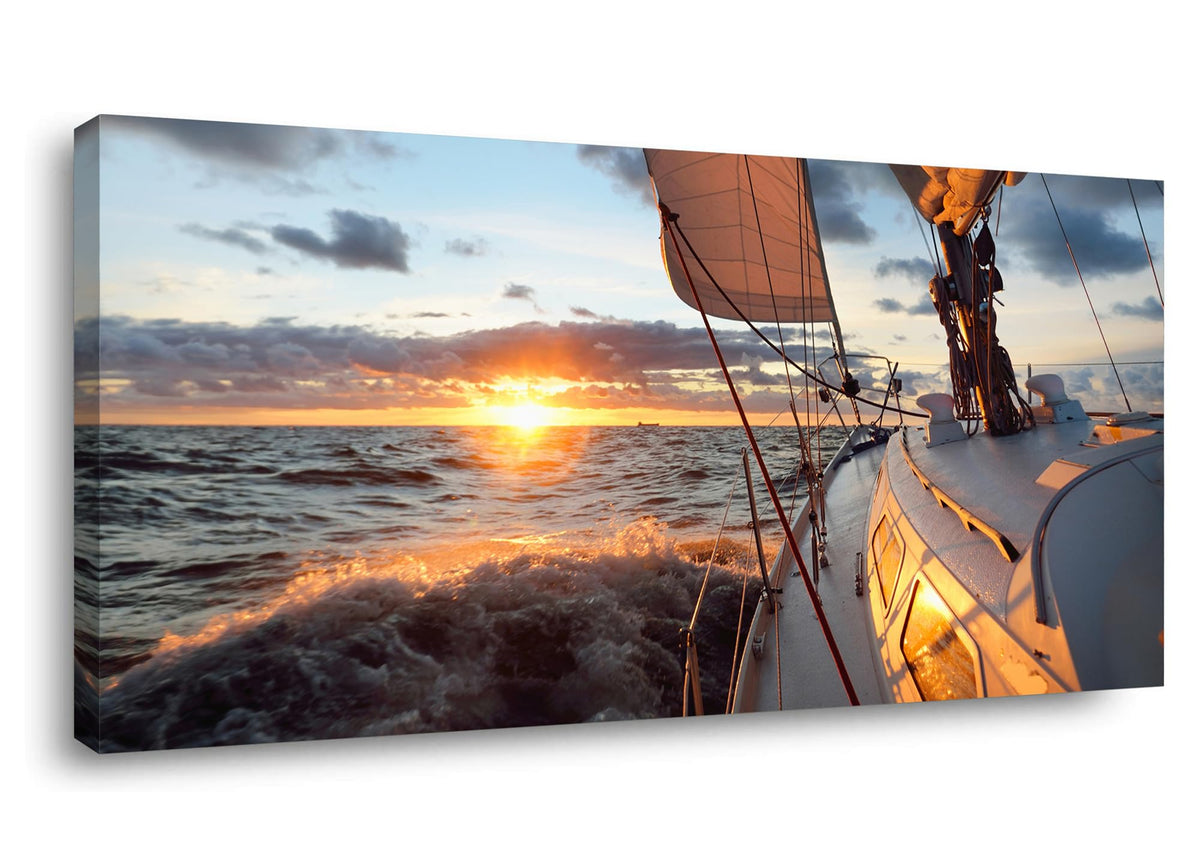 Yacht Sailing in Sea at Sunset Canvas Art